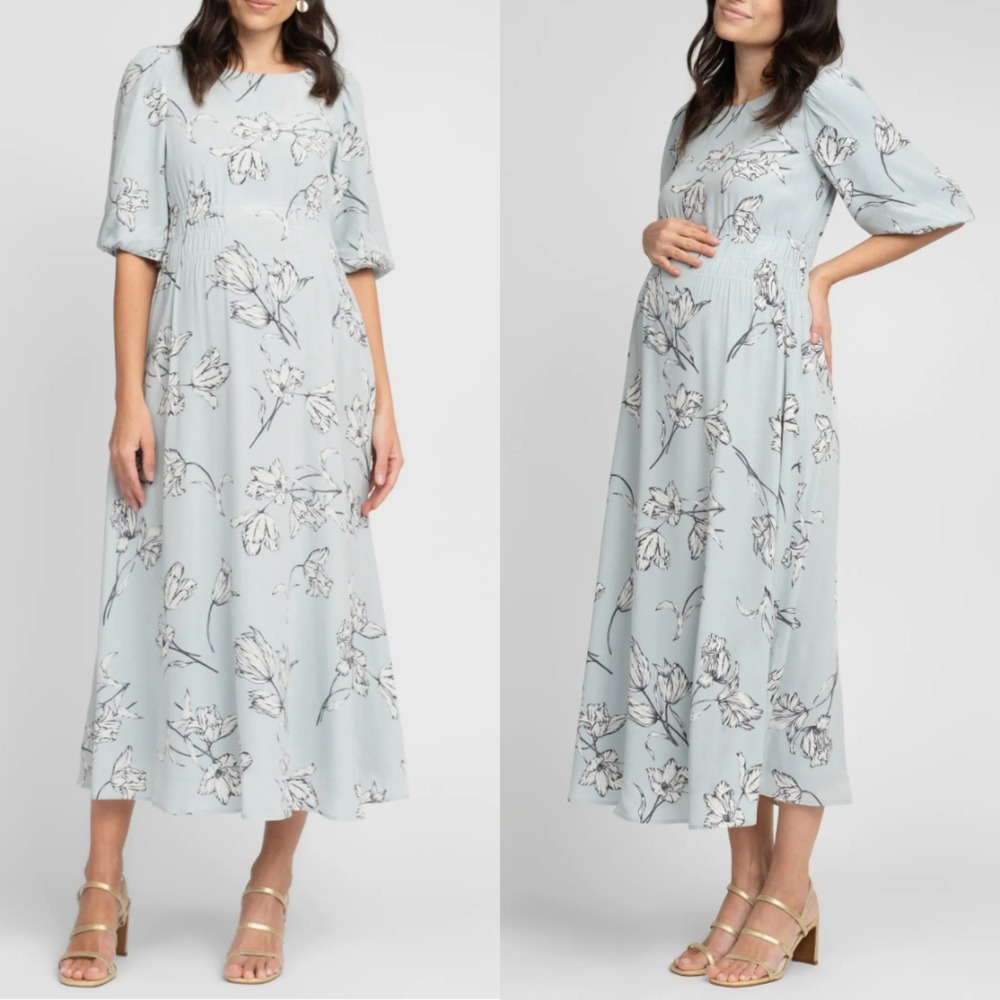 Seraphine Sophie Shirred Waist Maternity Maxi Dress Sage Green Floral US 10